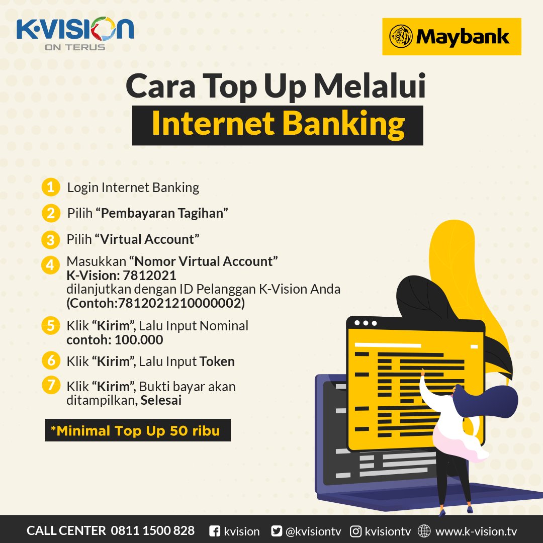 kvisiontv's tweet photo. Top-up saldo K-Vision kamu lewat Bank Maybank yuk! Cek caranya berikut ini ya..
Nonton TV online cuma pake HP, Connect ID pelanggan Vision+😍
K-Vision On Terus!
#KVision #KVisionOnTerus #TVDigitalJamanNow #DIJAMIN #TVBerlangganan #TVBerbayar #InfoKVision https://t.co/Cfgm69ZXT3