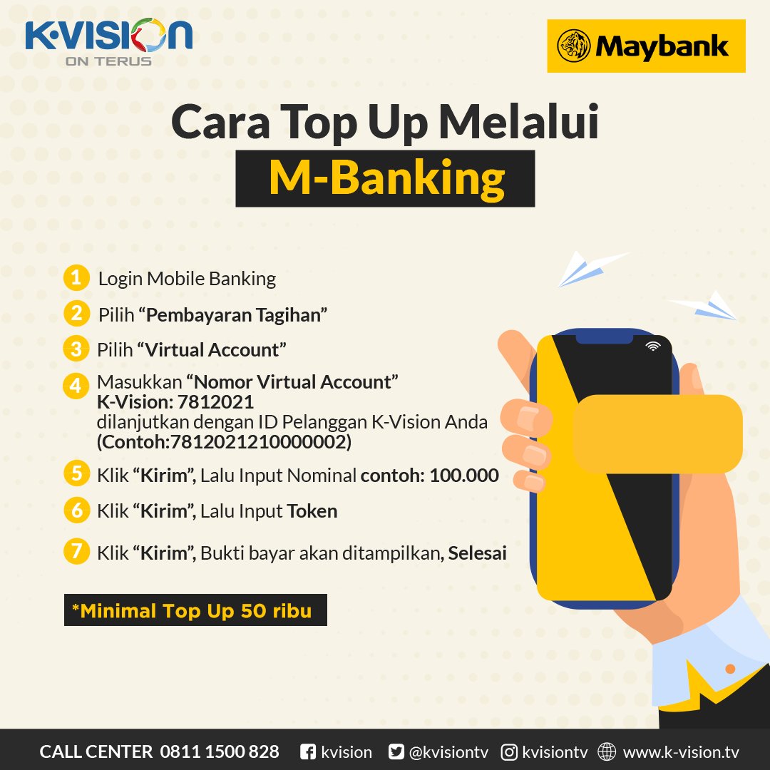 kvisiontv's tweet photo. Top-up saldo K-Vision kamu lewat Bank Maybank yuk! Cek caranya berikut ini ya..
Nonton TV online cuma pake HP, Connect ID pelanggan Vision+😍
K-Vision On Terus!
#KVision #KVisionOnTerus #TVDigitalJamanNow #DIJAMIN #TVBerlangganan #TVBerbayar #InfoKVision https://t.co/Cfgm69ZXT3