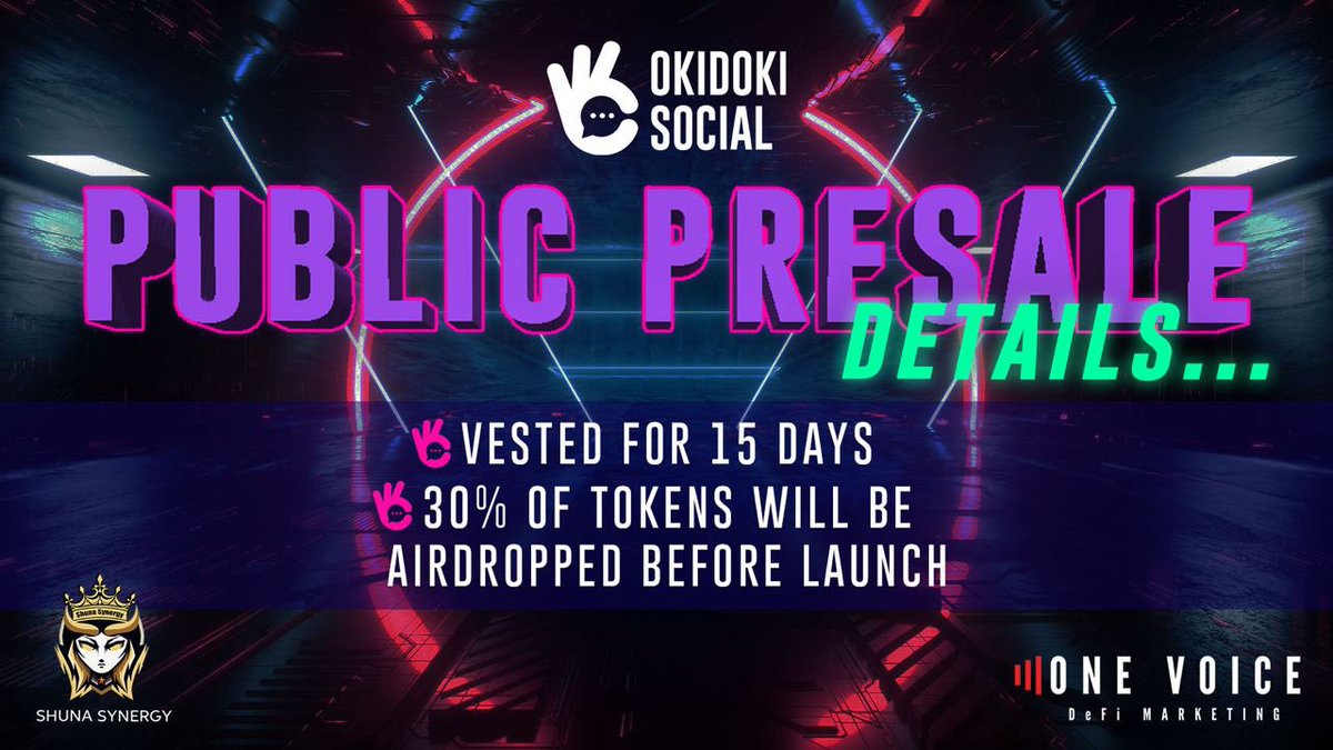 ninJaaKoL's tweet photo. @CryptoCruzin @OkidokiSocial @ONEVOICE_DeFi @shuna_inuverse Public Pre-Sale is officially open! Please click on the Google form below for instructions and details we will need from you for the Pre-Sale.

30% Of Presale Tokens will be released before launch

70% Of Presale Tokens will be vested for 15 days. 

https://t.co/vZkaCLsYXl… https://t.co/fN11jeW0ok