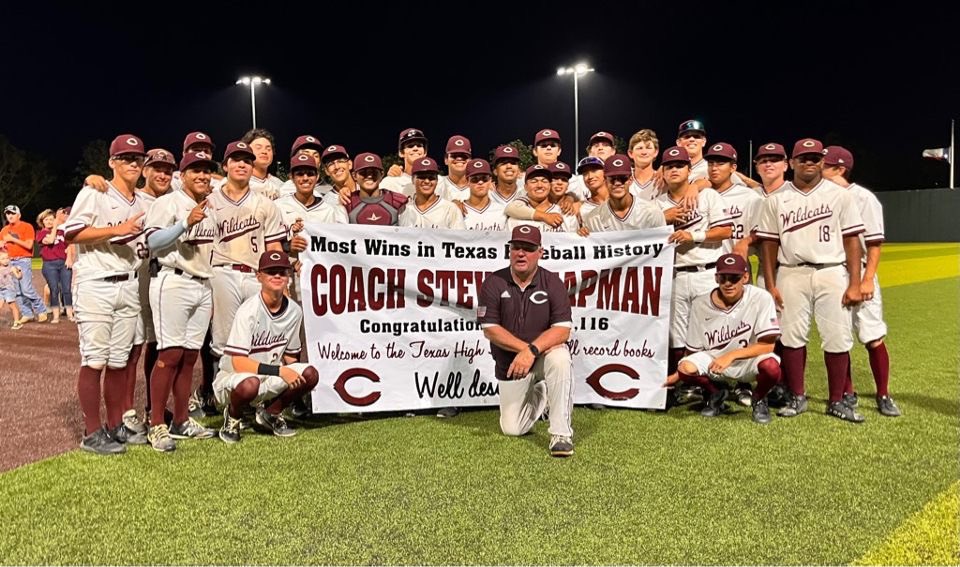 On to Round 5 for our Wildcats and a HUGE CONGRATULATIONS to our Coach Steve Chapman for becoming the new Texas High School Baseballs Most Winningest Coach! WIN #1,116!!🐾⚾️🐾⚾️🐾⚾️🐾⚾️🐾⚾️🐾⚾️🐾