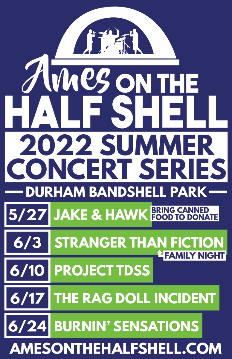 AmesHalfShell's tweet photo. 🎶Our 2022 Ames on the Half Shell Line-Up! 🎶
Friday's from 5-8pm
5/27: Jack &amp; Hawk
6/3: Stranger Than Fiction (Family Night)
6/10: Project TDSS
6/17: The Rag Doll Incident
6/24: Burnin' Sensations https://t.co/9shamm6haU