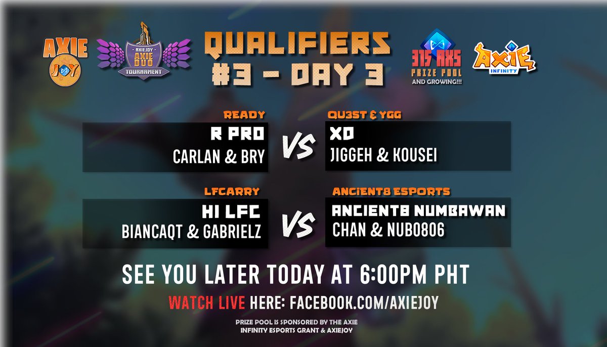 axiejoy_io's tweet photo. Q3 Day 3! Its going to be a battle between:

Carlan &amp; Bry from @ReadyScholar VS @JiggehFly &amp; @Kouseiiin from @QU3ST_Esports / @YggEsports

Biancaqt &amp; Gabrielz from @LfcarryO VS Chan &amp; @nub0806 from @A8_Esports

Who will win?! Watch Later 6PM PHT! https://t.co/bVFQi01lOH https://t.co/83tyJFvsRE