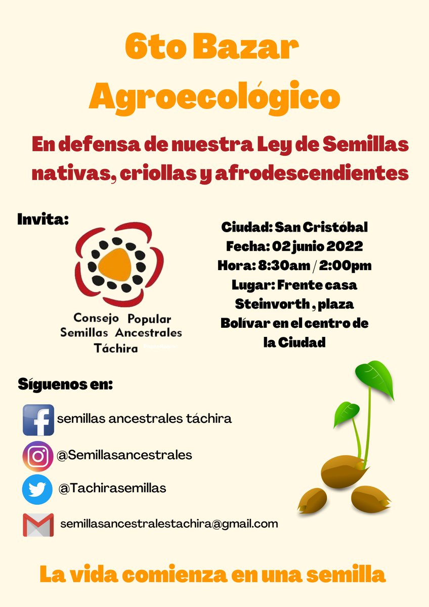 TachiraSemillas's tweet photo. Para todos nuestros seguidores. 
Los invitamos a nuestro 6to bazar Agroecológico 
En defensa de nuestra ley de semillas Nativas, criollas y afrodescendientes. 
Desde estos espacios le decimos "NO A LOS TRANSGENICOS" 
Venezuela Libre de TRANSGENICOS 🇻🇪
@dcabellor @lubrio @4F_Mamba https://t.co/ICboQUp5i9