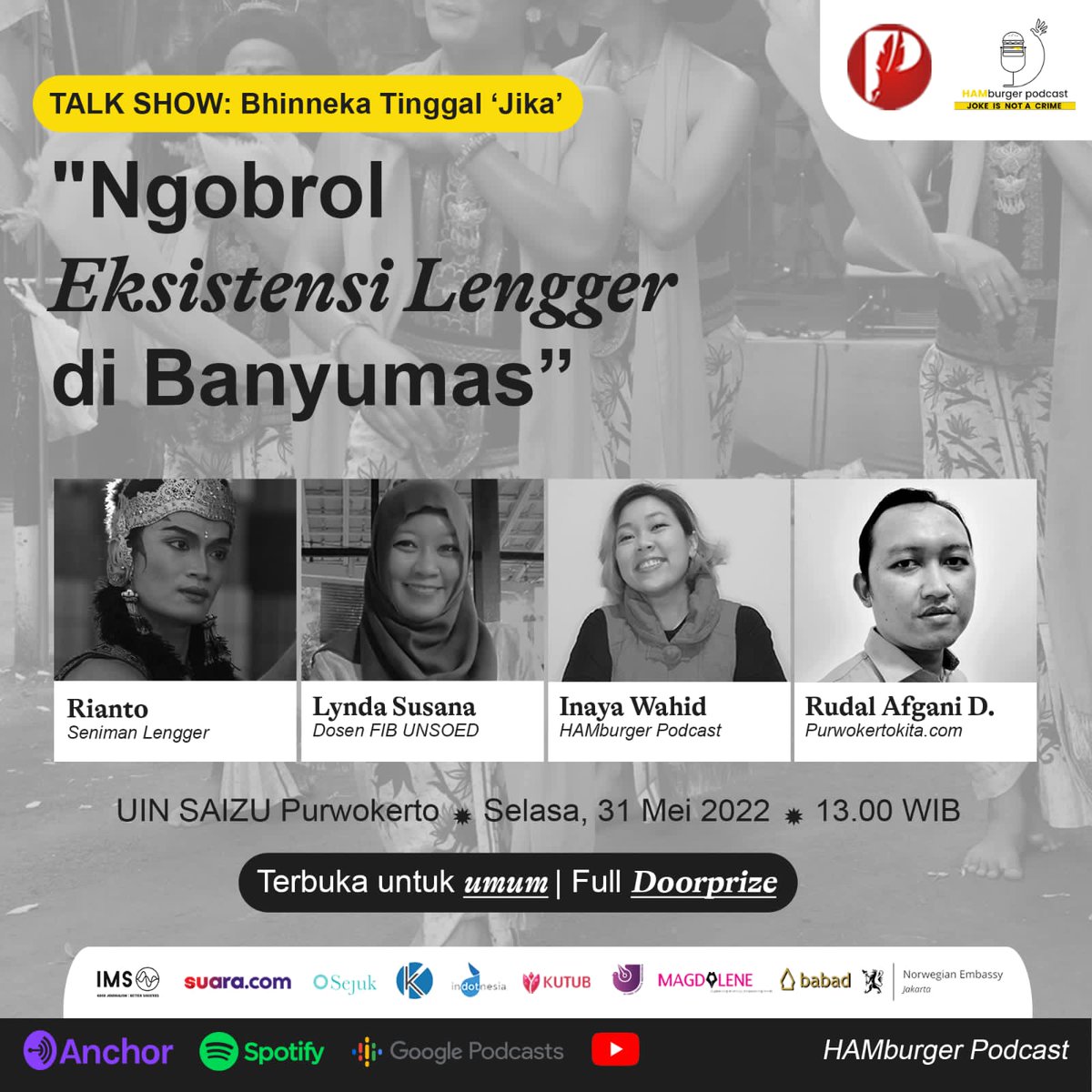 Hayuk temen-temen, ramaikan.. <a href="/GusdurianBms/">Gusdurian Banyumas</a> <a href="/GusdurianPBG/">GUSDURianBraling</a> <a href="/GUSDURians/">Jaringan GUSDURian</a> <a href="/humas_uinsaizu/">uinsaizu official</a> <a href="/UnsoedOfficial/">UNSOED</a> <a href="/sanggaaryaa/">FIB UNSOED</a> @UMPurwokerto 
#lengger #podcast #HAM