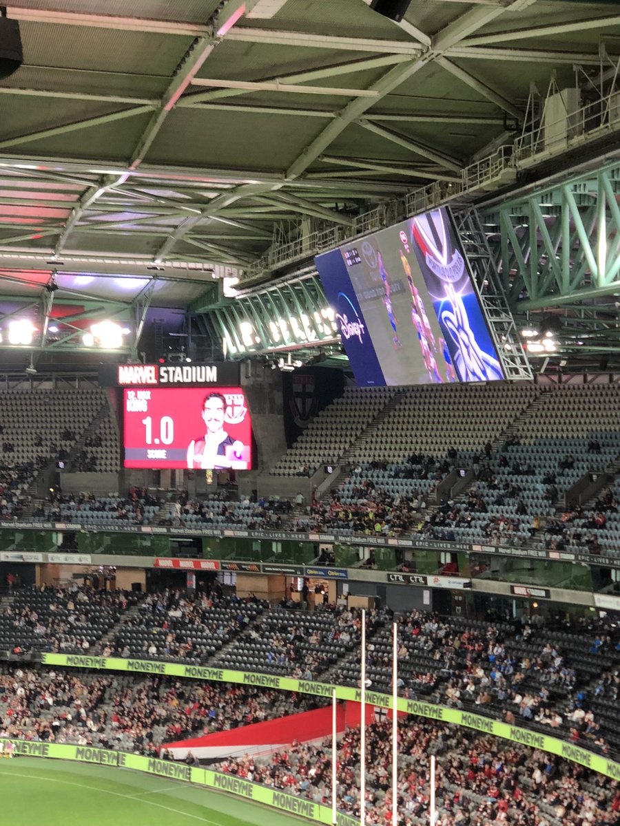 deanoss83's tweet photo. Just curious, Gil, if there’s any chance your sexy new scoreboards @marvelstadiumau might actually show the score. Perhaps where that MASSIVE Disney+ logo is. I already know what the club logos look like too. @afl #AFLSaintsNorth https://t.co/vbRMlL8q9B