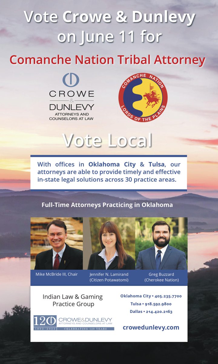 OKwellservice's tweet photo. June 11 is the #ComancheNation runoff election. Please vote for a local law firm, @Crowe_Dunlevy, for Comanche Nation Tribal Attorney. Our #NativeAmerican lawyers are from the @CherokeeNation &amp; Pottawatomie Nation, and support the #Comanche Nation. Vote #CroweDunlevy! @cnclawton https://t.co/9MN6sAI6aX
