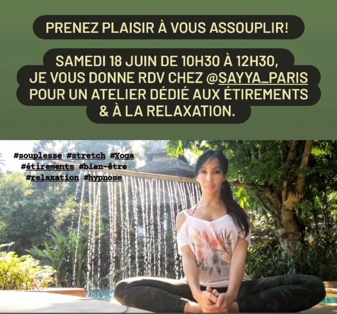 Envie d'une parenth&egrave;se pour prendre soin de vous?Le 18 Juin &agrave; Paris, j'organise un atelier d&eacute;di&eacute; aux<a href="/tag/yoga"class="tags"><span>#yoga</span></a><a href="/tag/stretch"class="tags"><span>#stretch</span></a><a href="/tag/hypnose"class="tags"><span>#hypnose</span></a>