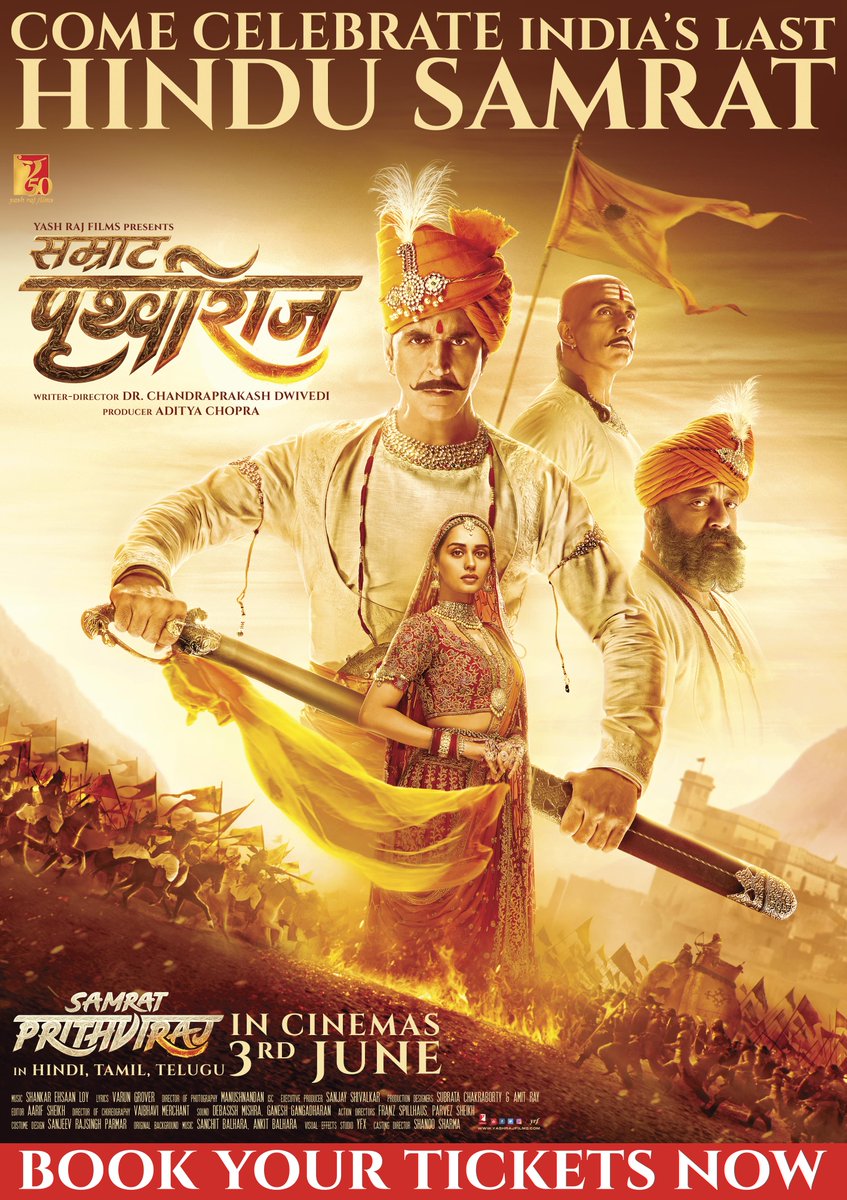 yrf's tweet photo. His power and strength is unparalleled. His name is #SamratPrithviraj Chauhan. Releasing in Hindi, Tamil and Telugu. 
Celebrate #SamratPrithviraj Chauhan with #YRF50 only at a theatre near you on 3rd June! Book your tickets now - https://t.co/FTHSqVGaMA https://t.co/KaTQJzQGHS