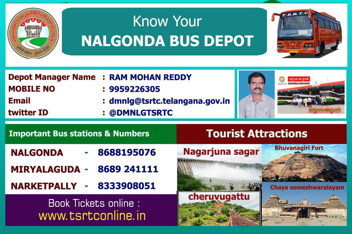TGSRTCHQ's tweet photo. Know your TSRTC  Depot- Nalgonda Depot 
@Govardhan_MLA @tsrtcmdoffice @RMnlgtsrtc @DvmNlg @DMNLGTSRTC https://t.co/LcJdsoPtEY