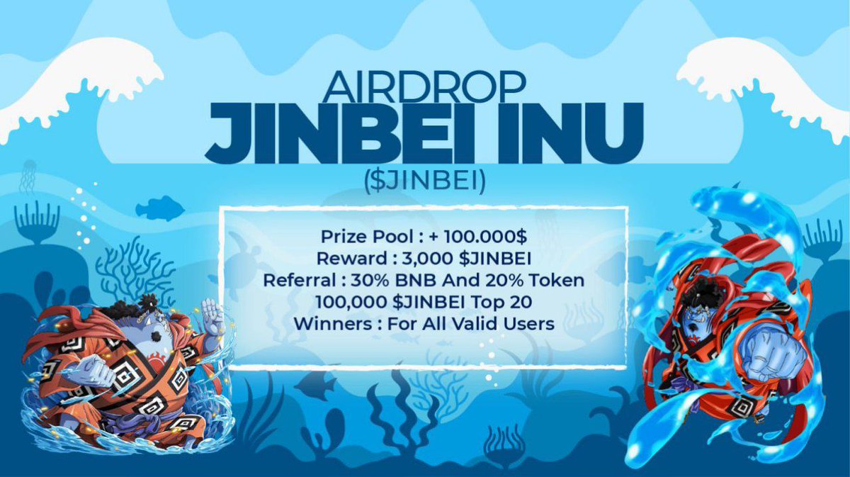 airdropblogs's tweet photo. #Airdrop: Jinbei Inu (JINBEI)
Prize Pool: $100,000 JINBEI
Reward: 3,000 JINBEI ($8)
Referral: 1,000 JINEI ($3)
Winners: for all users

Airdrop Link: https://t.co/lcQex4zgs8

- Follow @Jinbei_inu
- Distribution date: 1 week after listing

Website: https://t.co/tYWUqOvFaR https://t.co/Fkzb5hsyH5