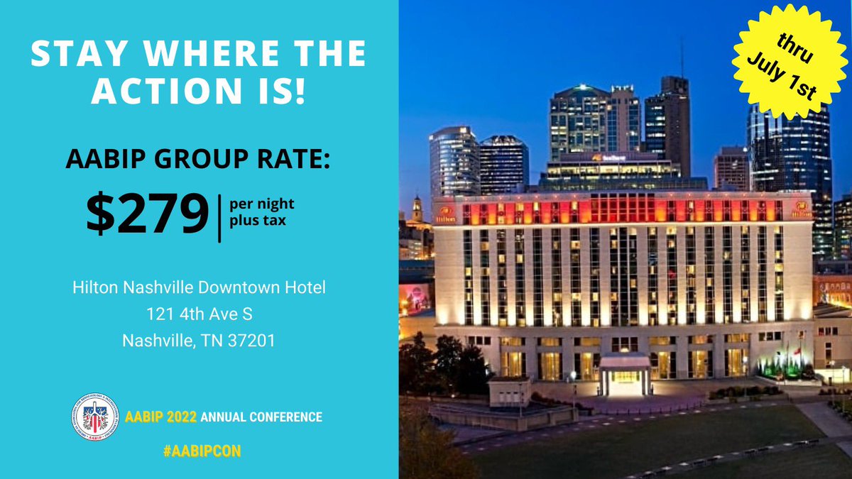 Register today for the AABIP 5th Annual Conference to receive the early bird discount now until July 1st! 
aabip2022.com

Need a HOTEL ROOM?  Stay at the conference venue!   Make your reservations through the official Conference Hotel link bit.ly/3PM9aOO
