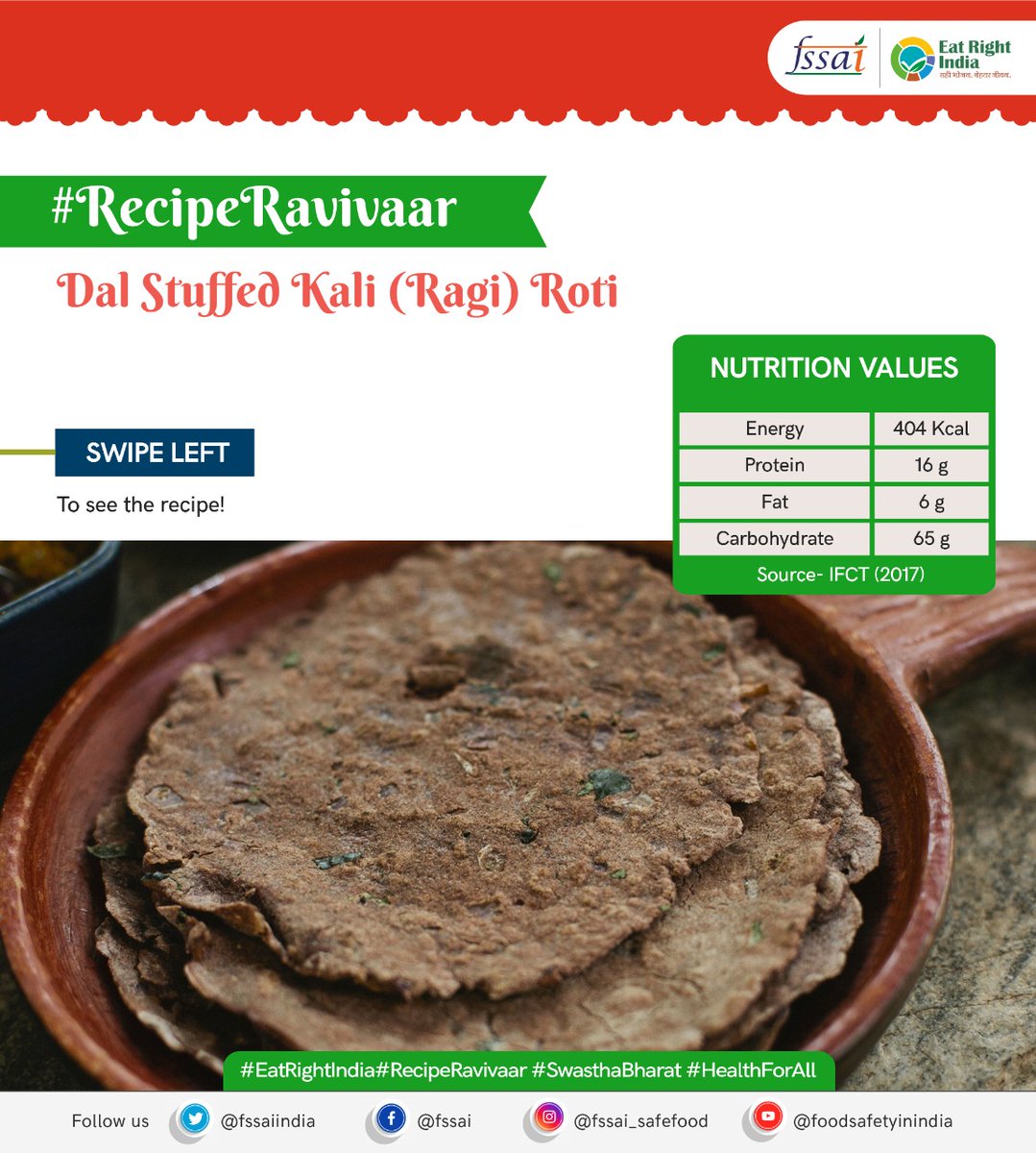 fssaiindia's tweet image. This nutritious Dal Stuffed Kali (Ragi) Roti is rich in protein. Try out the recipe today!
#RecipeRavivar
#EatRightIndia

@AmritMahotsav @MoHFW_INDIA