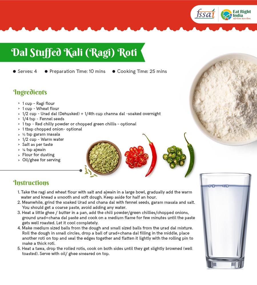 fssaiindia's tweet image. This nutritious Dal Stuffed Kali (Ragi) Roti is rich in protein. Try out the recipe today!
#RecipeRavivar
#EatRightIndia

@AmritMahotsav @MoHFW_INDIA
