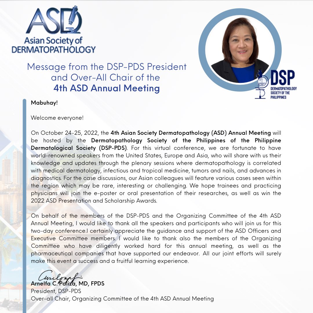 ASDMeeting2022's tweet photo. Message from the DSP President and the overall chair of the 4th ASD Meeting 2022

📍Save the date! 
🗓 October 24-25, 2022 (virtual platform). 

See you online! 🔬🔬🔬

#dermatopathology #dermpath #asdmeeting2022 https://t.co/UtVy1vW2t6