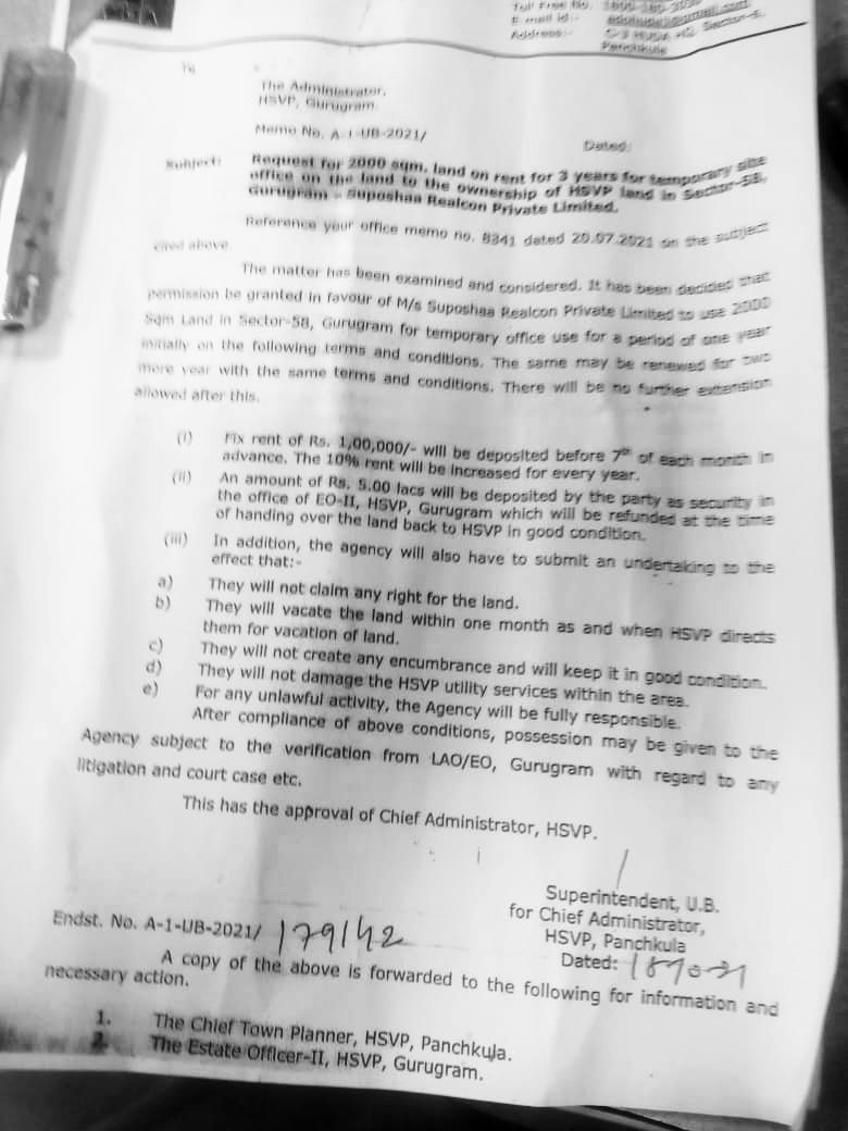 hdhingra's tweet photo. 2000 Square Meters land adjoining Five Star Hotel on Upscale Area of Sector 58 Gurugram GIVEN on lease for three years to M3M associate company by #CA @HsvpHaryana  at Rs 1Lakh per month.

Is it a joke Mr A B Joshi IAS?

By the way, HSVP has a Policy NOT to give its land on lease https://t.co/2HWMrnmu4n