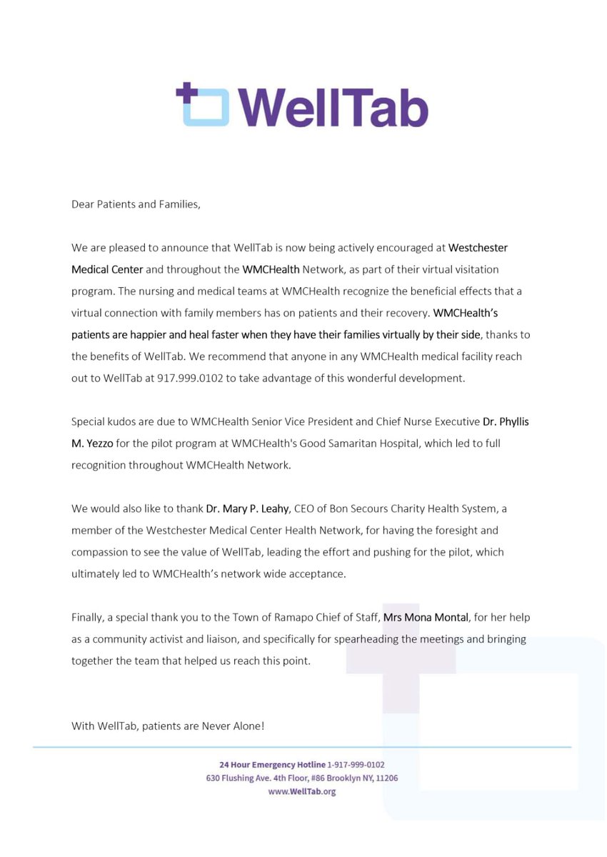 Thanks to Dr. Mary Leahy CEO <a href="/BSCHS/">Bon Secours Charity</a>, <a href="/PhyllisYezzo/">Phyllis Yezzo</a> SVP @WestchesterMed and <a href="/Monamontal/">Mona Montal</a>
Chief of staff <a href="/townoframapo/">Town of Ramapo</a>

With WellTab, patients are #NeverAlone.

@GoodSamaritanMC <a href="/MFCHatWMC/">MariaFareriChildrens</a> <a href="/BonSecours/">Bon Secours</a> @MidHudsonRH @HAllianceHudVal

#VirtualConnection