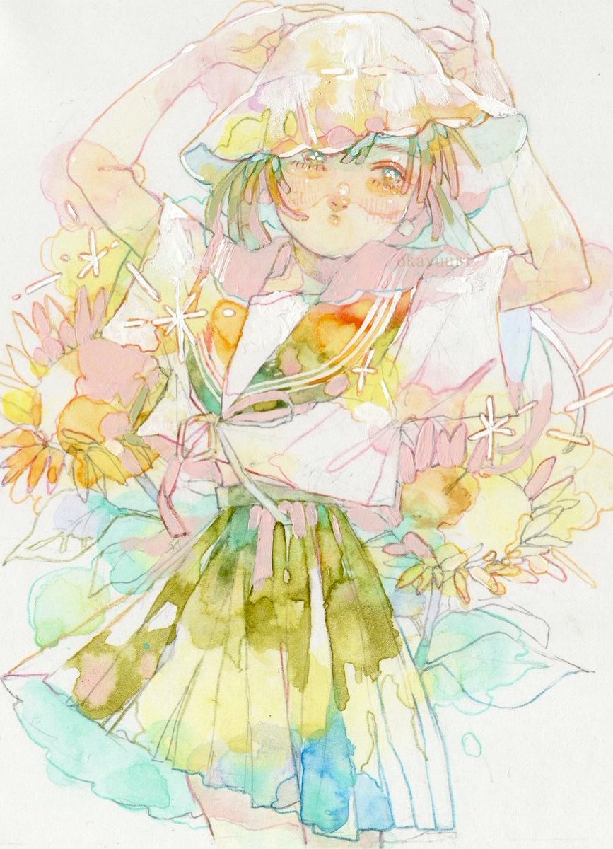 1girl solo skirt flower short sleeves shirt long hair  illustration images