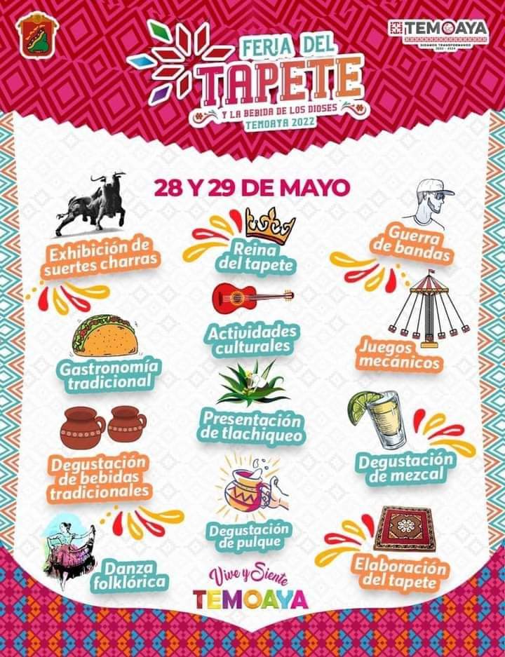 el_tinacal's tweet photo. La feria del Tapete y la Bebida de los Dioses regresa al municipio de Temoaya, tras la pandemia y para incentivar la economía local.
La feria se realizará el sábado 28 y domingo 29 de mayo en la explanada del mercado otomí con acceso gratuito. https://t.co/uvDoQ9MnTH