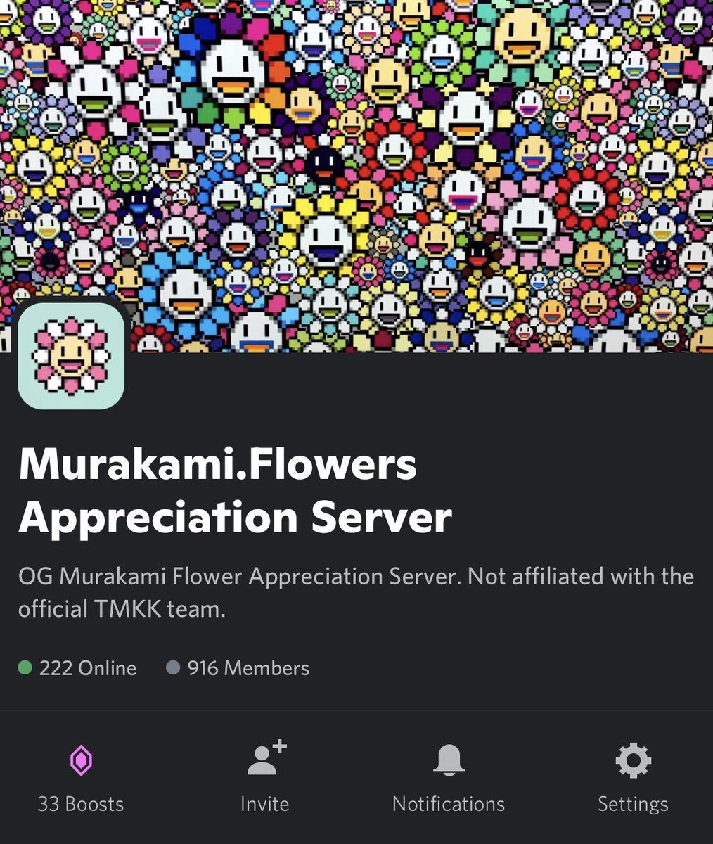 The Murakami Flowers Community Discord server has been up for over a month with 700 holders and growing.

We are building a community everyday to express our appreciation to <a href="/takashipom/">takashi murakami</a> 🙇‍♂️🌸

If you’re a holder, join us: discord.gg/murakamiflowers

#MurakamiFlowers #Murakami #NFTs