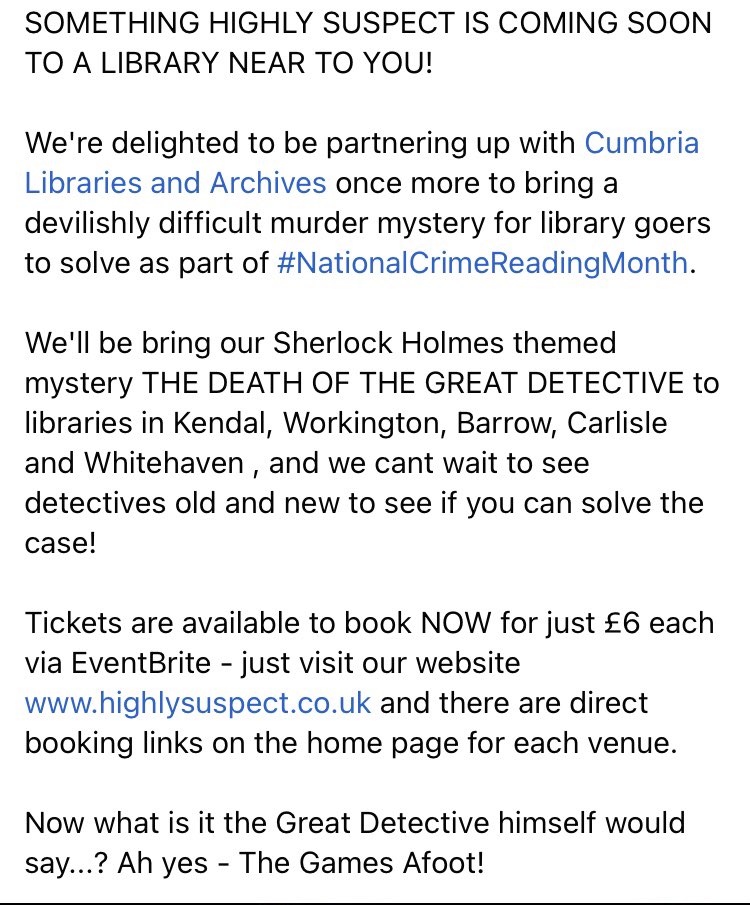 HighlySuspectUK's tweet photo. SOMETHING HIGHLY SUSPECT IS COMING SOON TO A CUMBRIAN LIBRARY NEAR YOU! 

We’re delighted to be partnering with Cumbrian Libraries for #NationalCrimeReadingMonth to bring our Sherlock Holmes themed mystery to local libraries- you can book now via our website. 🕵🏻‍♀️🔍🕵🏽‍♂️ https://t.co/WF2AZCLRas