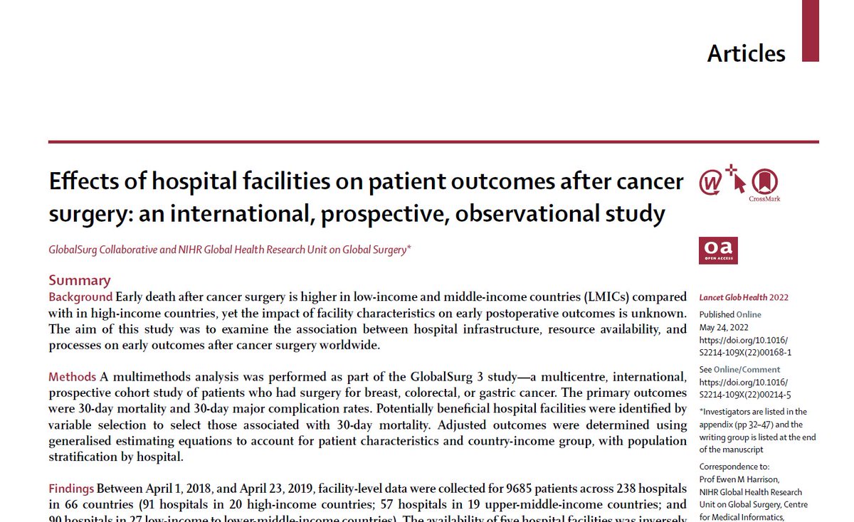 Muhammed Elhadi (@elhadimuhammed) on Twitter photo Read our new paper from <a href="/GlobalSurg/">GlobalSurg</a> 3 published in <a href="/LancetGH/">The Lancet Global Health</a> on the effects of hospital facilities🏥on outcomes of cancer surgery
In LMICs, improvements in hospital facilities would prevent 1 to 3 deaths for every 100 patients undergoing cancer surgery
doi.org/10.1016/S2214-… Read our new paper from <a href="/GlobalSurg/">GlobalSurg</a> 3 published in <a href="/LancetGH/">The Lancet Global Health</a> on the effects of hospital facilities🏥on outcomes of cancer surgery
In LMICs, improvements in hospital facilities would prevent 1 to 3 deaths for every 100 patients undergoing cancer surgery
doi.org/10.1016/S2214-…