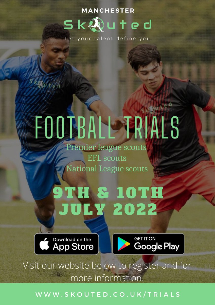 FebianBrandy's tweet photo. Registration for our Manchester trials will be closing soon โ๏ธ
Visit the website below to register
๐๐พ https://t.co/9kUacRj3v6 ๐๐พ
#Football #Trials #Skouted #GetSkouted #FreeAgents #PremierLeague #EFL #NationalLeague https://t.co/PZTlDj61hu