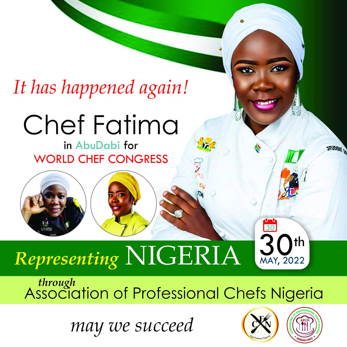 cheffatima_ng's tweet photo. It has happened again!

I am honored to be representing Nigeria 
In Dubai for world chef Congress
With so much joy.
May we succeed.
#chef #chefconnected #cheflife https://t.co/2zPMvUrXDE