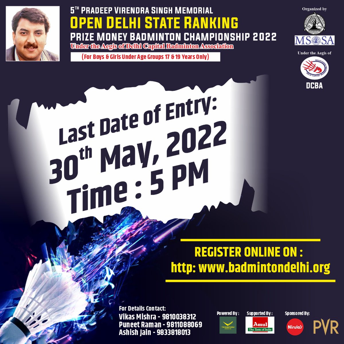MSOSAMSBK's tweet photo. For Details &amp; Registration Click
https://t.co/qfUbxlqJhu

#badmintonassociationofindia
#dcba
#championship 
#tournaments 
#delhi https://t.co/aa6rX0AaN2