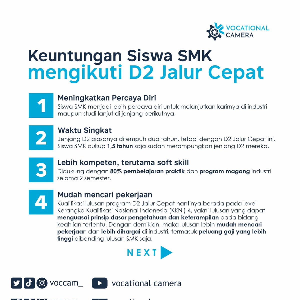 voccam_'s tweet photo. Jangan Ragu Daftar SMK-D2 Jalur Cepat (Fast Track)‼️

Pada program ini, siswa SMK yang telah lulus dapat langsung menempuh pendidikan D2 di perguruan tinggi vokasi dalam waktu tiga semester atau 1,5 tahun saja loh...

Apalagi keuntungan lainnya?
Yuk simak postingannya 🥰 https://t.co/SuzJ8LpPek