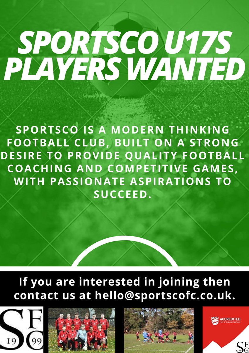 Sportsco U17s (Season 2022-2023) are looking for players!

U17s are also looking for a goalkeeper. 

If interested or would like further details then contact us at hello@sportscofc.co.uk with the heading SFC U17s or through this post.

<a href="/cwyfl/">Central Warwickshire</a> #GrassrootsFootball