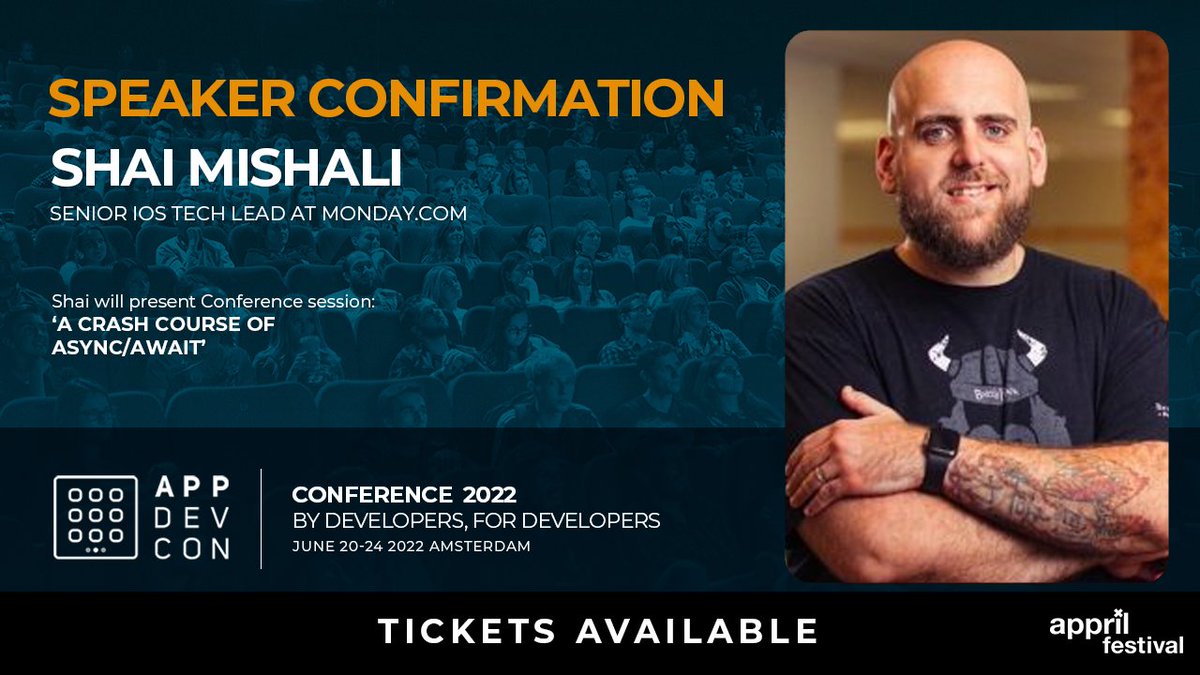 Appdevcon's tweet photo. Shai Mishali (@freak4pc) is senior iOS tech lead at https://t.co/9hwZYyRdio and will be live on our Apple Tech Track at #APPDEVCON22 with his session: A crash course of async/await! ๐ https://t.co/dtkc1DLARa
#appdevcon #amsterdam #appril #appdevelopment #appbusiness https://t.co/1qGxHEQ6Xt