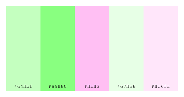 ColPaletteBot's tweet photo. Beep beep, here's a pretty color palette for you! 

color-scheme.js parameters used: 
- hue: 175
- variation: light
- colors: #c4ffbf, #89ff80, #ffbff3, #e7ffe6, #ffe6fa

Have a lovely day!

#twitterbot #colorpalette #colors #palette #prettycolors https://t.co/Z99f20my8Q