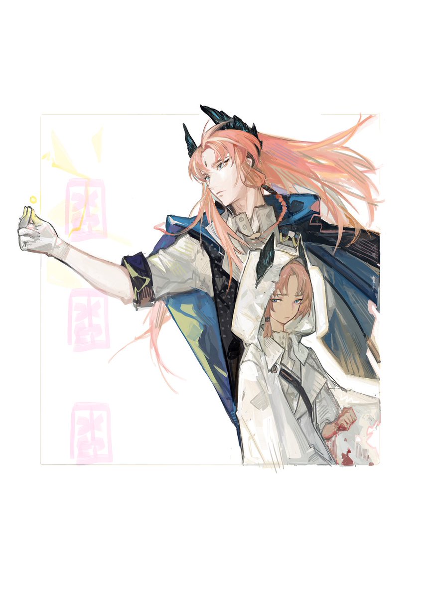 long hair white gloves orange hair 2boys male focus gloves hood  illustration images