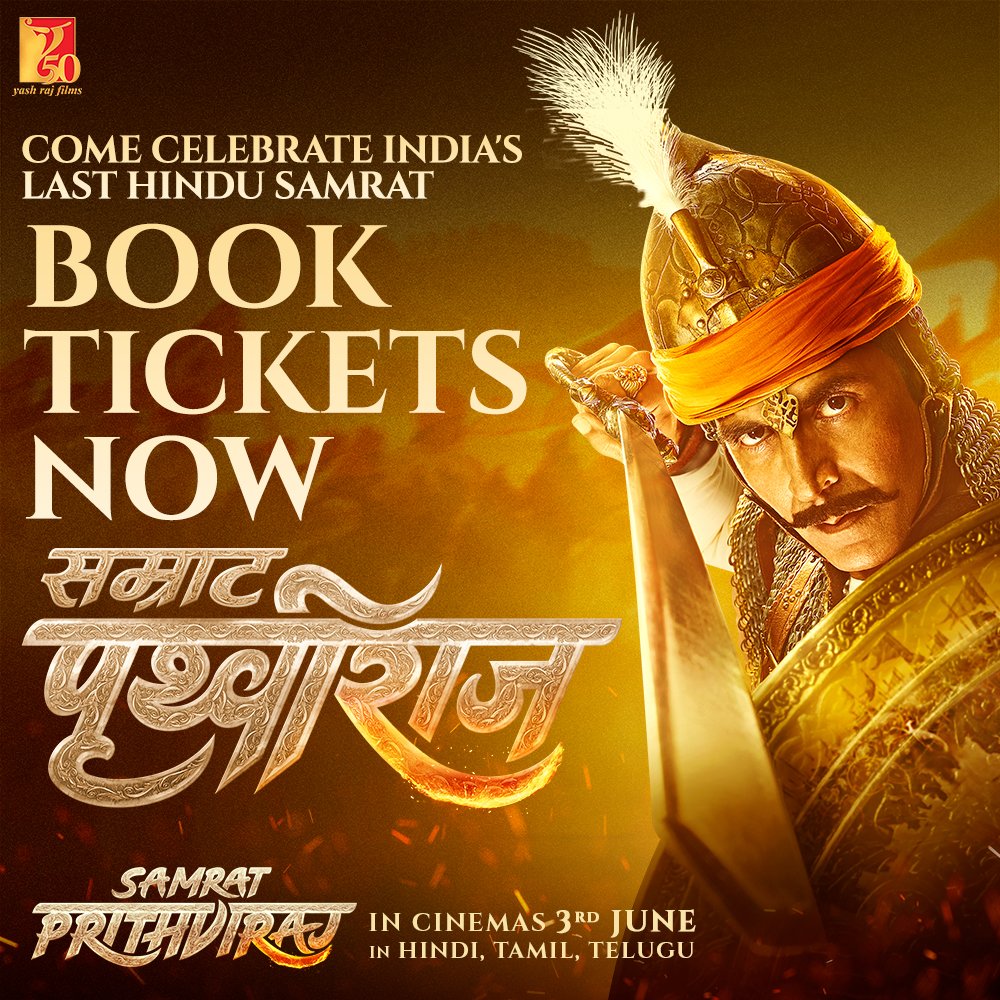 akshaykumar's tweet image. In the name of bravery and valour. Advance Bookings Open - Book tickets for #SamratPrithviraj NOW! Releasing in Hindi, Tamil and Telugu at a theatre near you on 3rd June!

m.paytm.me/sprithviraj

bookmy.show/SamratPrithvir…