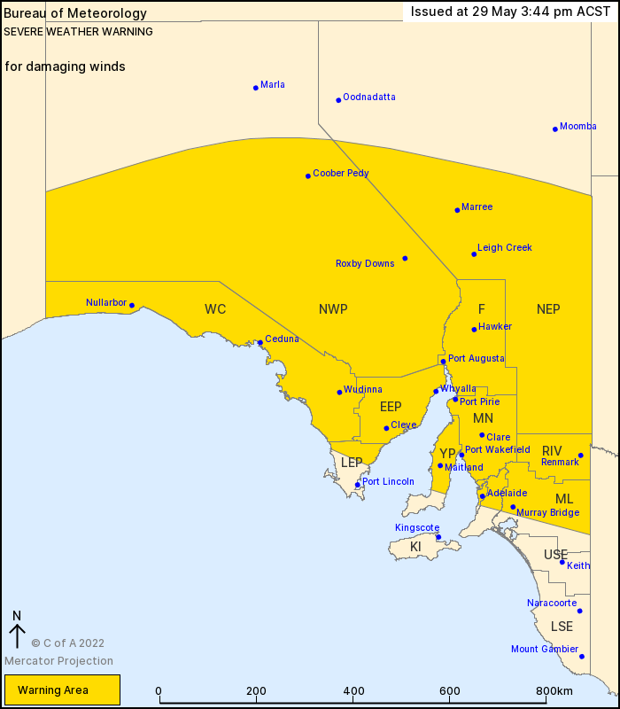 SA_SES's tweet photo. .@BOM_SA have updated a Severe Weather Warning ⚠️ for DAMAGING WINDS 💨
Adelaide, West Coast, Eastern Eyre Peninsula, Yorke Peninsula, Flinders, Mid North, Riverland, Murraylands, NW Pastoral, Mount Lofty Ranges

Issued 3:44pm 29 May 22
Warning: https://t.co/BuU3rJXFbk https://t.co/iGBZlBZXh8