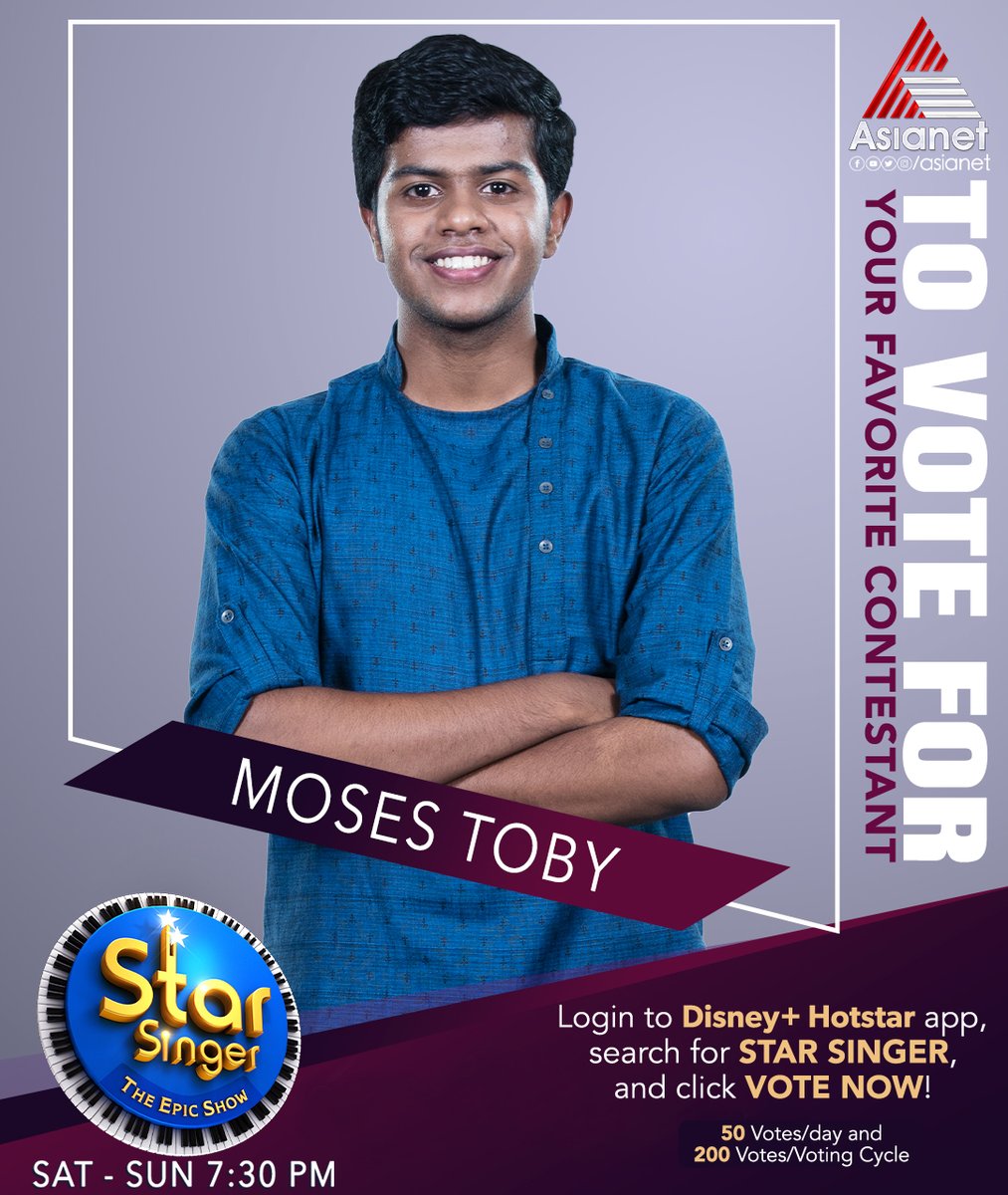 asianet's tweet photo. Vote For Moses Toby
Star Singer || The Epic Show || Saturday & Sunday at 7:30 PM || Asianet
#StarSinger #Season8 #TheEpicShow #Asianet #RealityShow #Music #StarSingerSeason8 #Sharreth #KSChithra #GVenugopal #StephenDevassy #Manjari #JewelMary #MosesToby https://t.co/V7oD4u9CXL