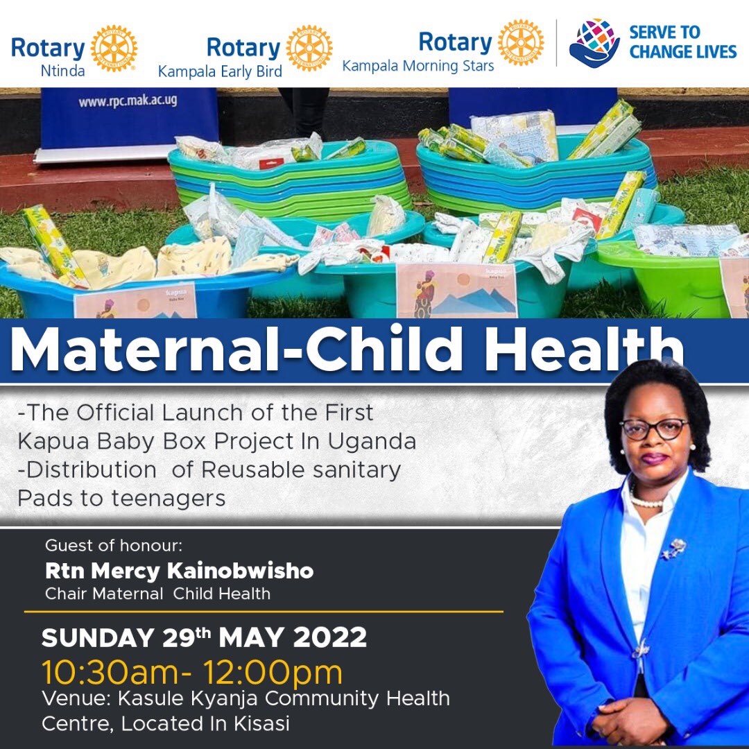 mchpd9213's tweet photo. Our Chair Person @Mercykains will be the Guest of honor at the launch of the first Kapua Baby Box Projecf in Uganda, a project by @rctntinda @RotaryEarlyBird and @RotaryStars https://t.co/AUMGCqux5m