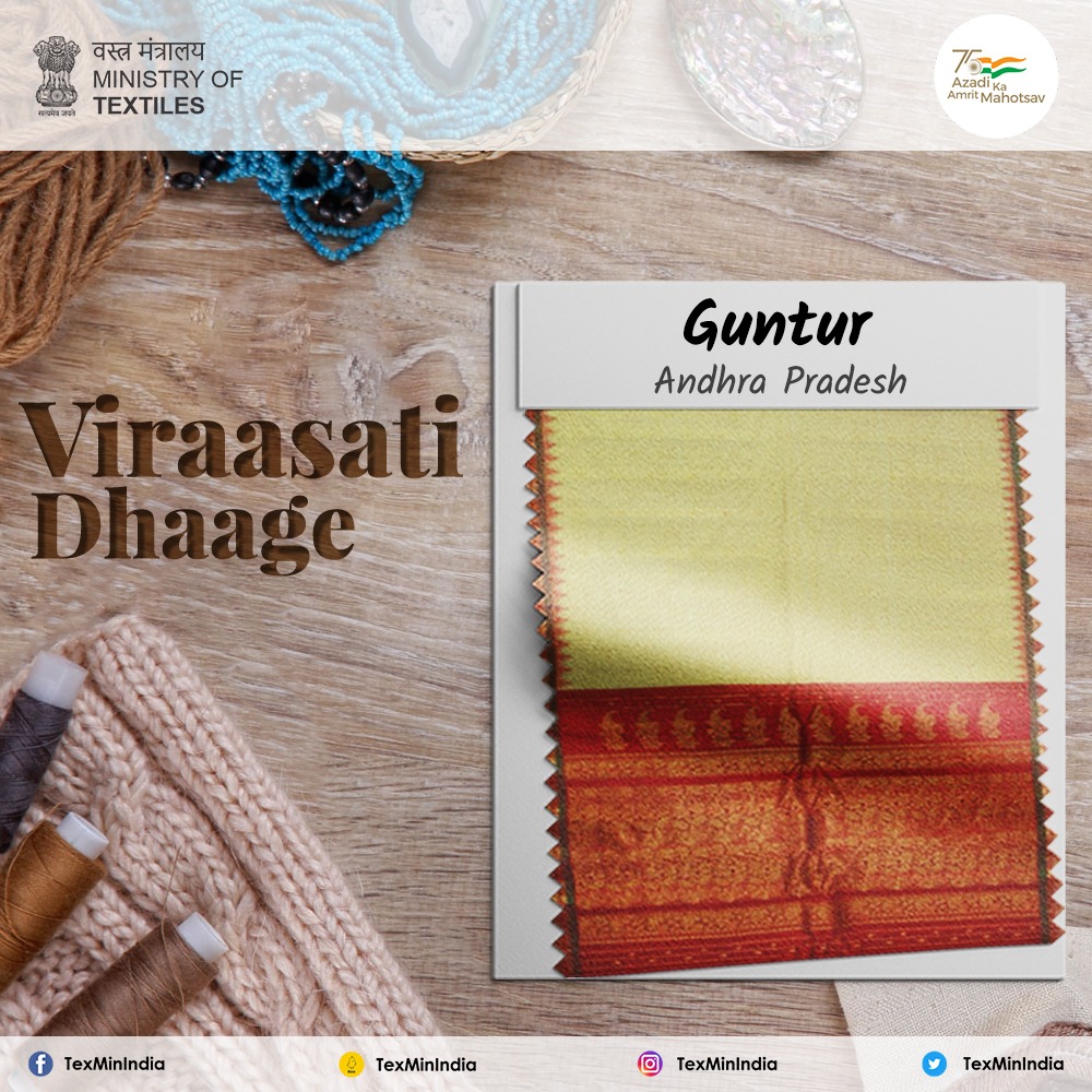 TexMinIndia's tweet photo. Guntur Saree flourished in the state of Andhra Pradesh. Its name was inspired by the city of Guntur, situated towards the southeast region of Hyderabad. The awe-inspiring pattern and use of the finest cotton set its level and demand high.
#AzadiKaAmritMahotsav #atmanirbharbharat https://t.co/uyEMM6qr0c