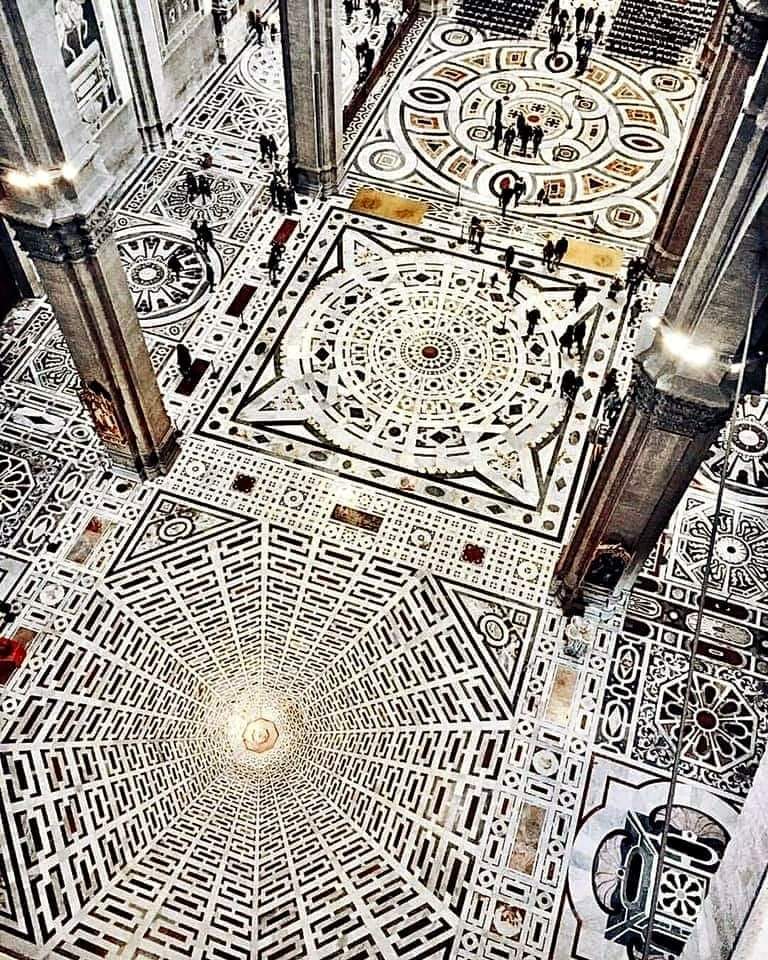 Intricate floor mosaic in the cathedral of Santa Maria del Fiore in Firenzi, Italy.