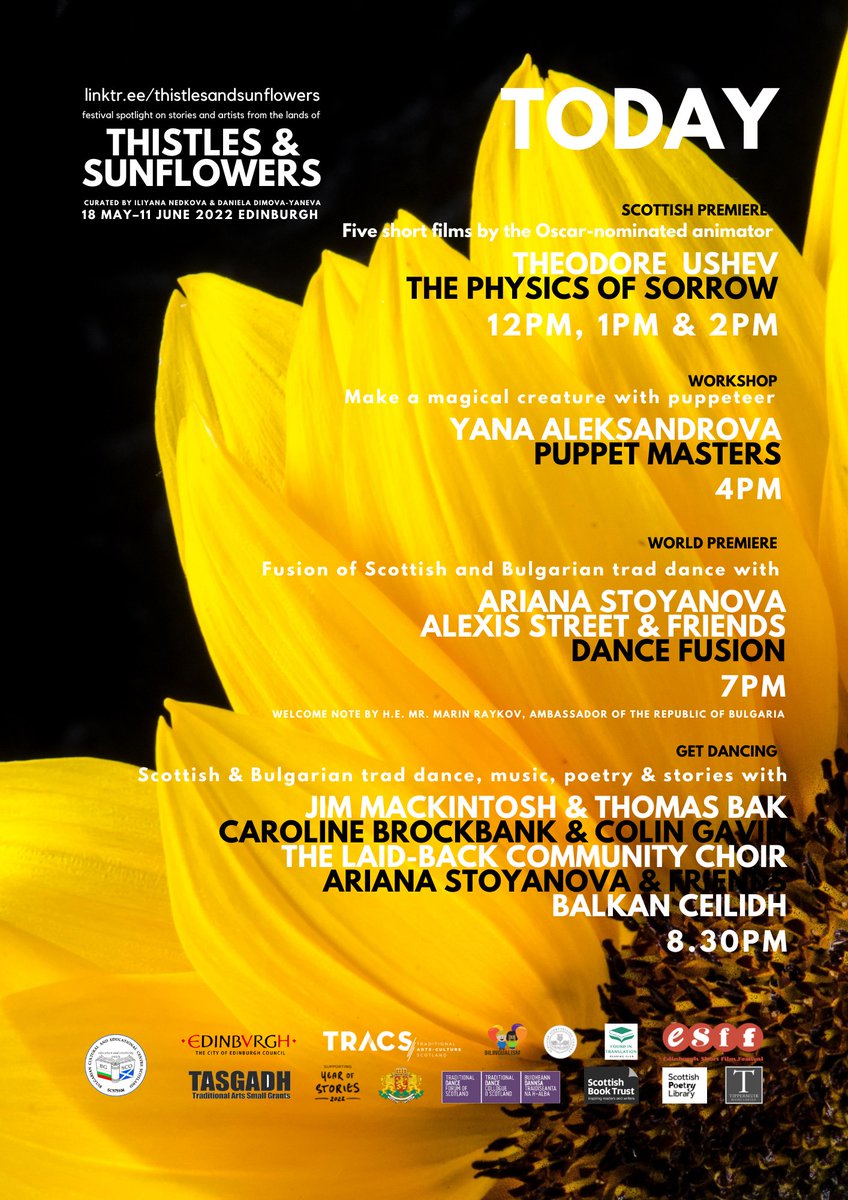 In town today for #EdinburghMarathon?

Join us for Day 3 of our #thistlesandsunflowers marathon: films &amp; music, puppetry &amp; poetry, dance &amp; drama f/ the lands of thistles &amp; sunflowers on the stage &amp; screen <a href="/ScotStoryCentre/">Scottish Storytelling Centre</a> 

🎟️ Pay What You Can: linktr.ee/thistlesandsun…

🌻#YS2022
