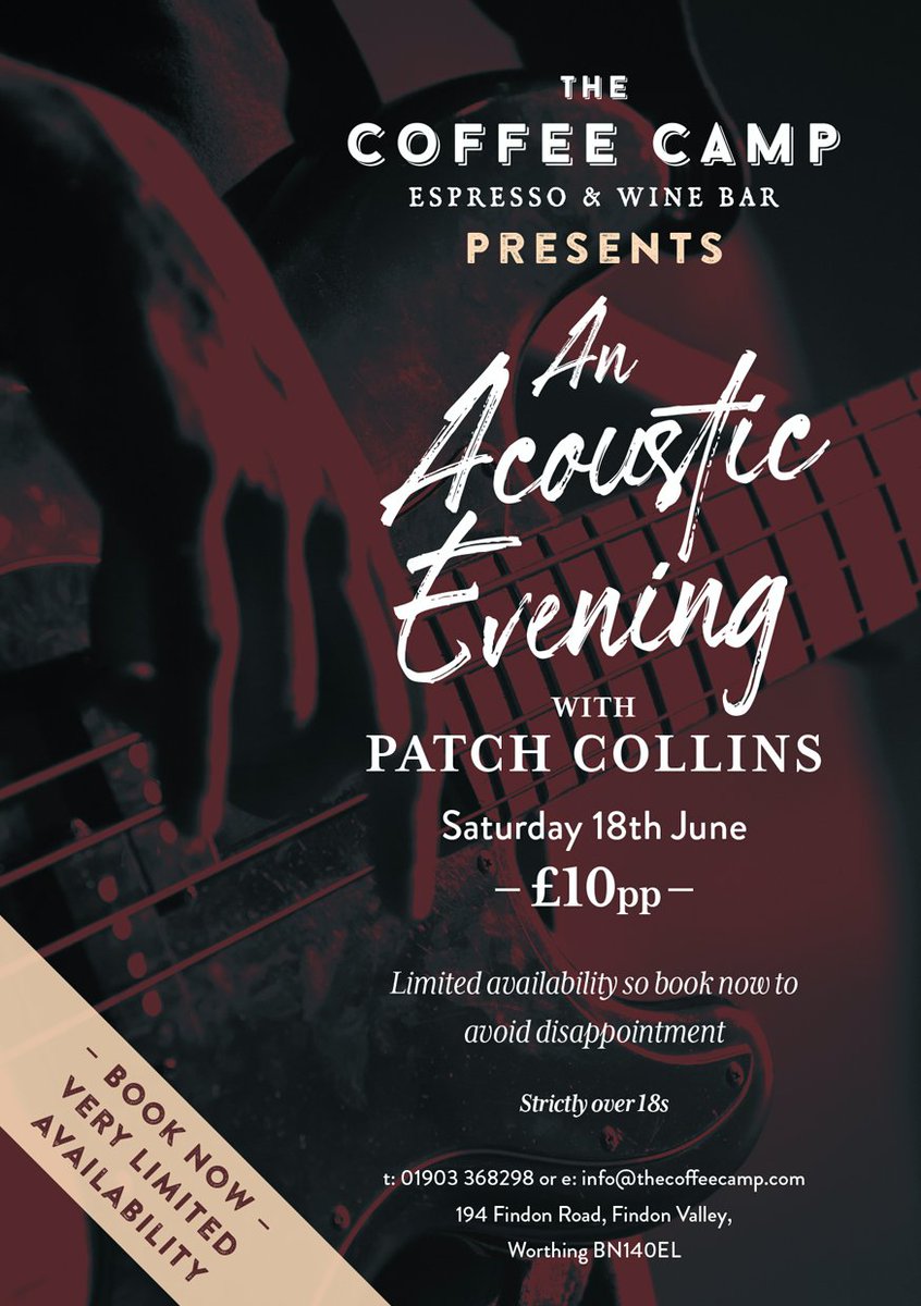 TheCoffeeCamp's tweet photo. You loved him before and so he's back.
An Acoustic evening with Patch Collins. 
Saturday 18th June 7pm - 11pm
With covers from every era this will be a cracking, fun evening of live music in a relaxed and friendly environment. 
Book now to avoid disappointment https://t.co/n65XRNnsAv