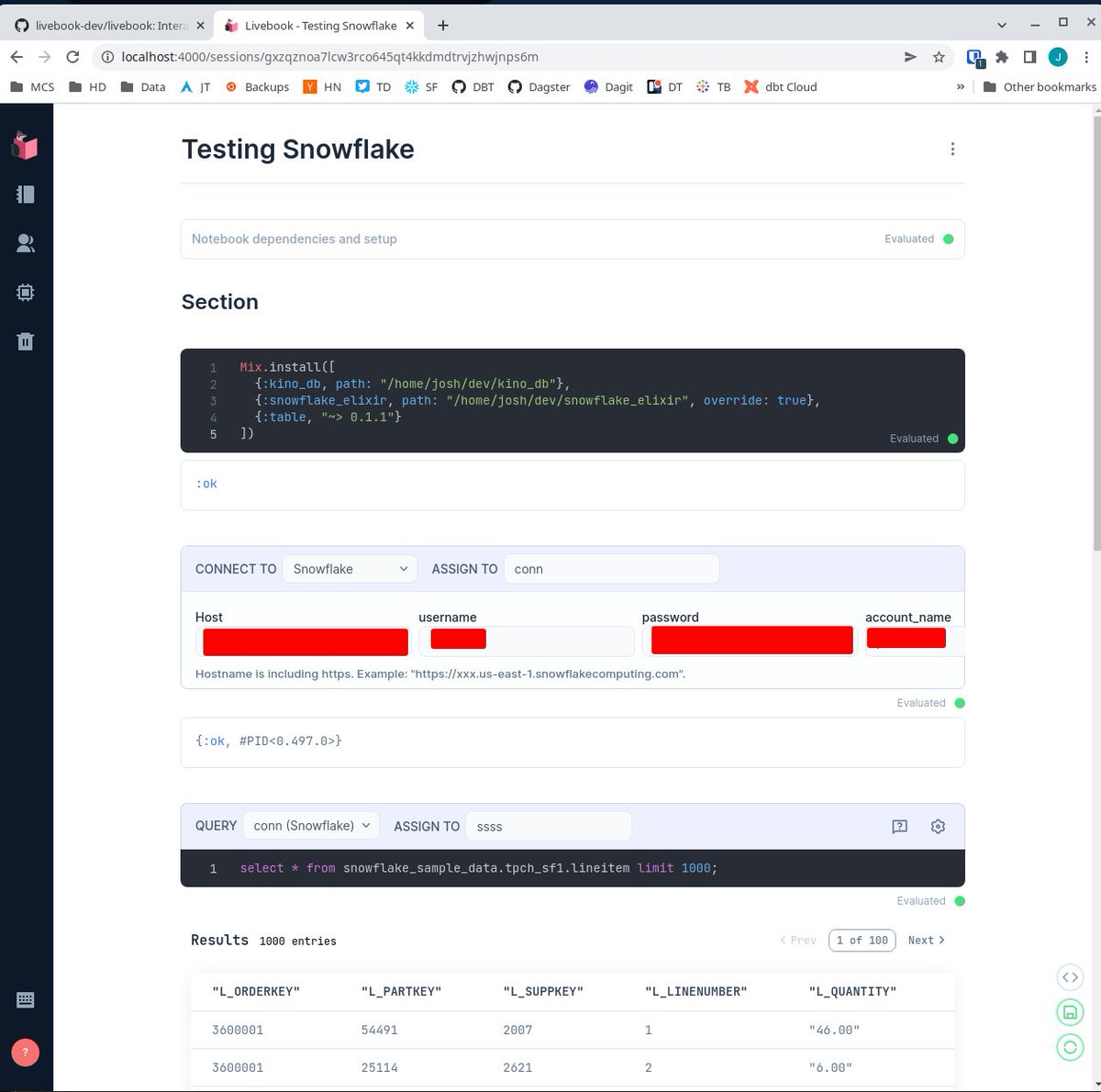 Got <a href="/livebookdev/">Livebook</a> to work with kino_db using Snowflake! Whole thing took around to an hour to add, most of the time spent learning Livebook/kino_db works. #myelixirstatus