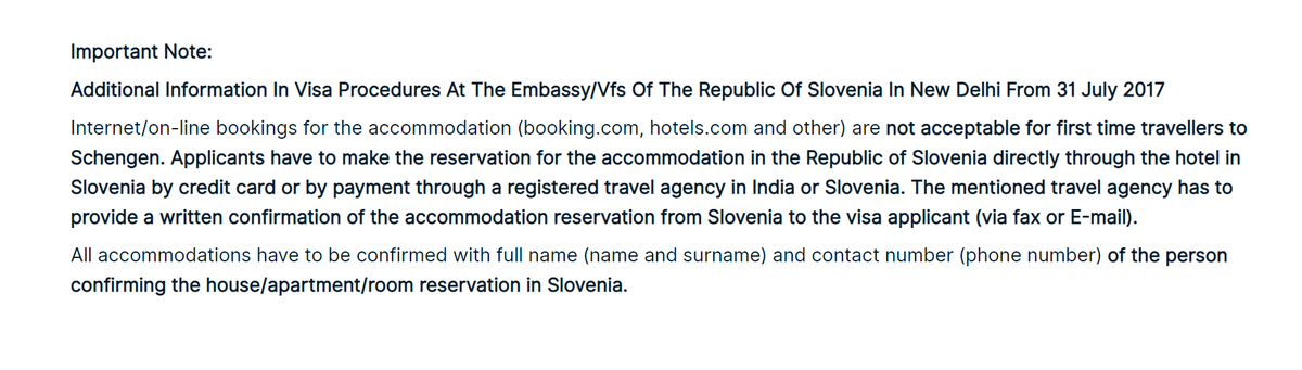 Shobhit1803's tweet photo. Found this on the @VFSGlobal Slovenia website India - while applying for Schengen visa from India. Few of my co-travellers are first time visitors to schengen region, so does this still hold true? I hope this is old &amp; not true anymore - @SLOinIND  @bookingcom https://t.co/fYWAN0nWvV