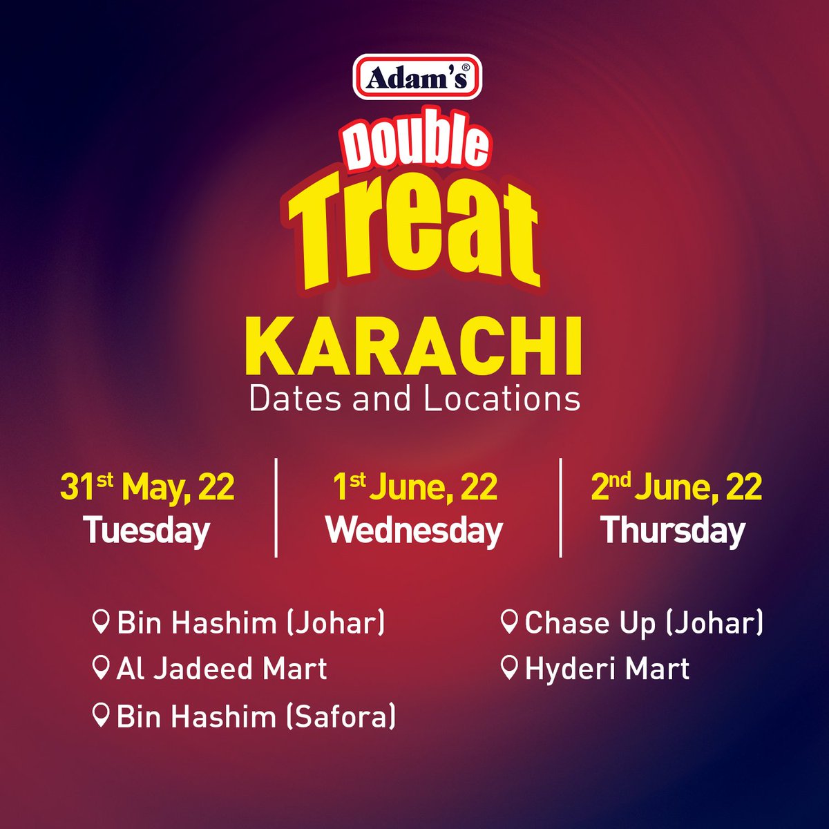 adamsmilkfoods's tweet photo. Adam's 'Double Treat' is coming to your city!
Get instant prizes & a chance to enter into our weekly Mega Lucky Draw Campaign to win 70CC motorbike, 32" LED TV, Microwave Oven and much more.
#AdamsMilkFoods #DoubleTreat #LuckyDrawCampaign https://t.co/VHG6i612J2