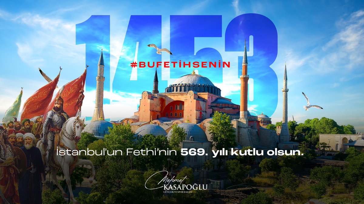 Göz bebeğimiz #İstanbulunFethi'nin 569. yıl dönümünü kutluyor, çağ açıp çağ kapatan Fatih Sultan Mehmet Han’ı rahmet ve minnetle yâd ediyorum.

#BuFetihSenin