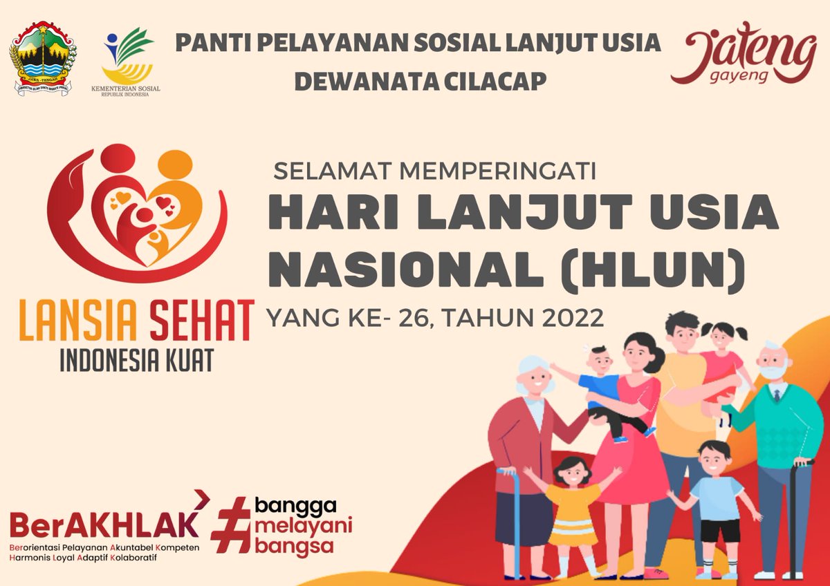 PPSLUDewanata's tweet photo. Tema Hari Lanjut Usia Nasional (HLUN) ke-26 yang diperingati pada 29 Mei 2022 yaitu lansia sehat Indonesia kuat. Peringatan Hari Lanjut Usia Nasional tahun ini untuk mengapresiasi dan menggaungkan semangat lansia sehat mandiri dan sejahtera untuk Indonesia kuat. @dinsosjateng https://t.co/Kv7ipsmHHl