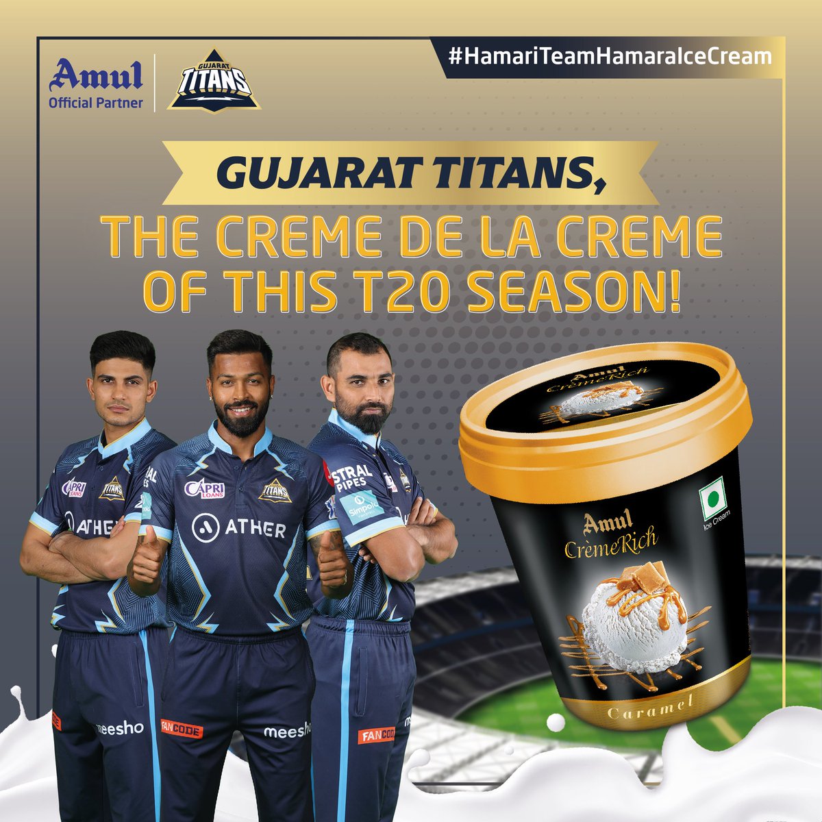 Amul_Coop's tweet photo. It’s the last hurdle for Gujarat Titans before the much-coveted IPL title! The Amul family wishes @gujarat_titans the best of luck for the IPL 2022 finals.
#GTvsRR #IPLFINAL #HardikPandya #ShubmanGill #CremeRich #Caramel #AmulIceCreams #HamariTeamHamaraIceCream #t20 #Celebration https://t.co/lS4UB63vai