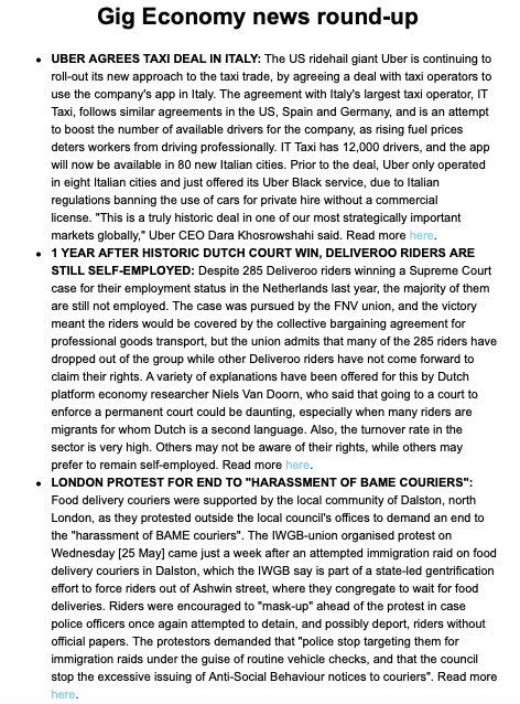 project_gig's tweet photo. News round up:

- Uber-taxi deal in Italy

- 1 year after Dutch court win, Deliveroo riders are still self-employed

- London protest to end "harassment of BAME couriers"

- Foreign Language Teachers Movement (@FltmSpain) set-up

- Delivery Hero CEO defends gig economy at Davos https://t.co/SYepVBjWwr