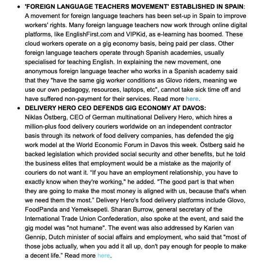 project_gig's tweet photo. News round up:

- Uber-taxi deal in Italy

- 1 year after Dutch court win, Deliveroo riders are still self-employed

- London protest to end "harassment of BAME couriers"

- Foreign Language Teachers Movement (@FltmSpain) set-up

- Delivery Hero CEO defends gig economy at Davos https://t.co/SYepVBjWwr
