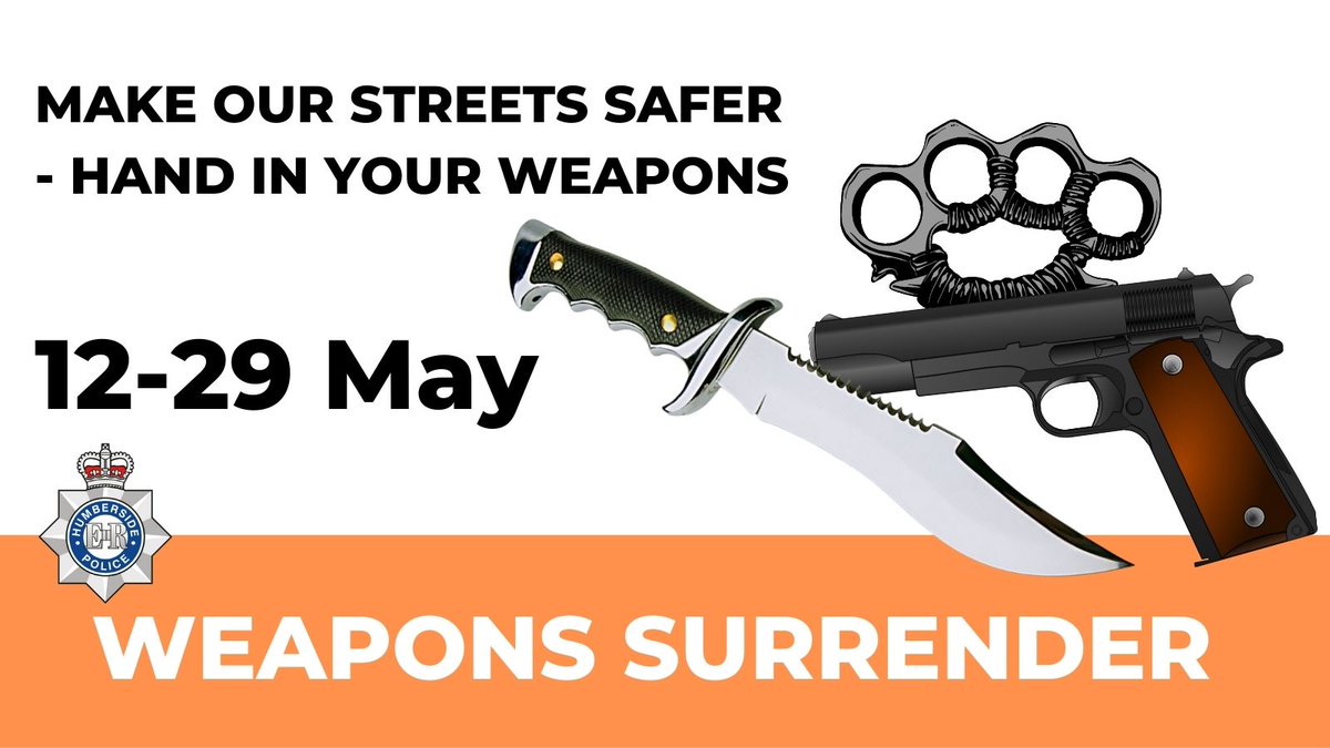 HumberbeatERYS's tweet photo. Today is the final day to hand in any firearm, Knife or offensive weapon to our stations
Hand in any firearm, bladed and offensive weapons to police stations force wide before the end of today
#OpAztec #OpSceptre #KnifeFree
More info: https://t.co/SgoiinfKCY https://t.co/SyaI52RBWh